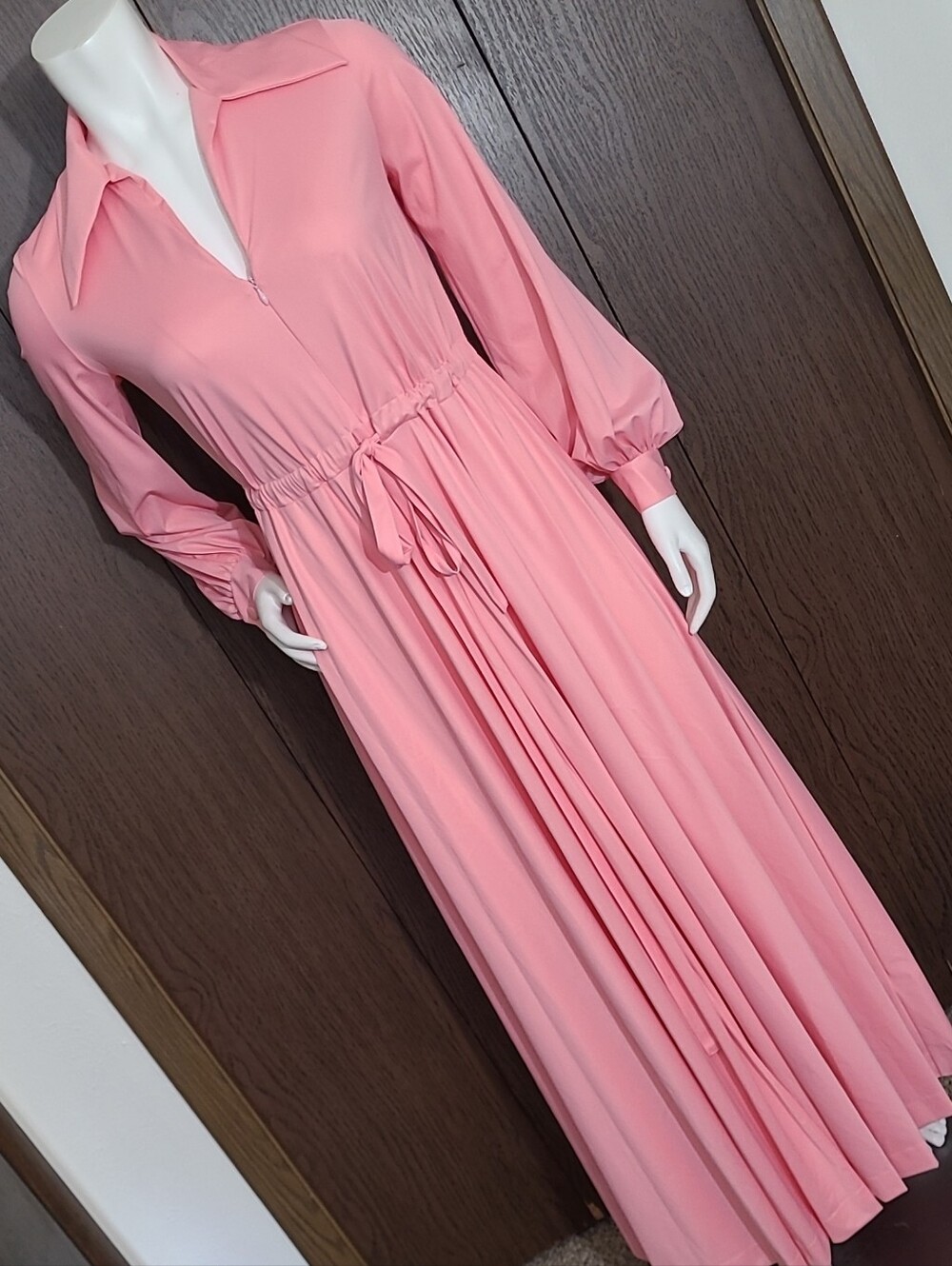 70s Retro Glam Vanity Fair Pink Drawstring Waist Maxi Hostess Dress